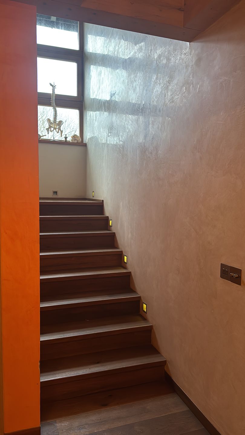 Timber stairwell with a pale textured plaster wall catching the window light